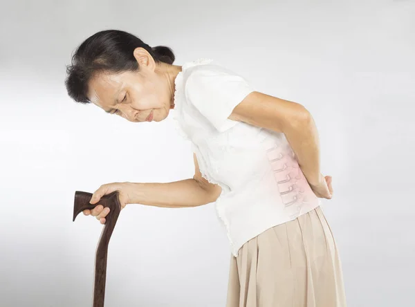 Viejo Asiático Mujer Sentir Espina Dorsal Huesos Dolor —  Fotos de Stock