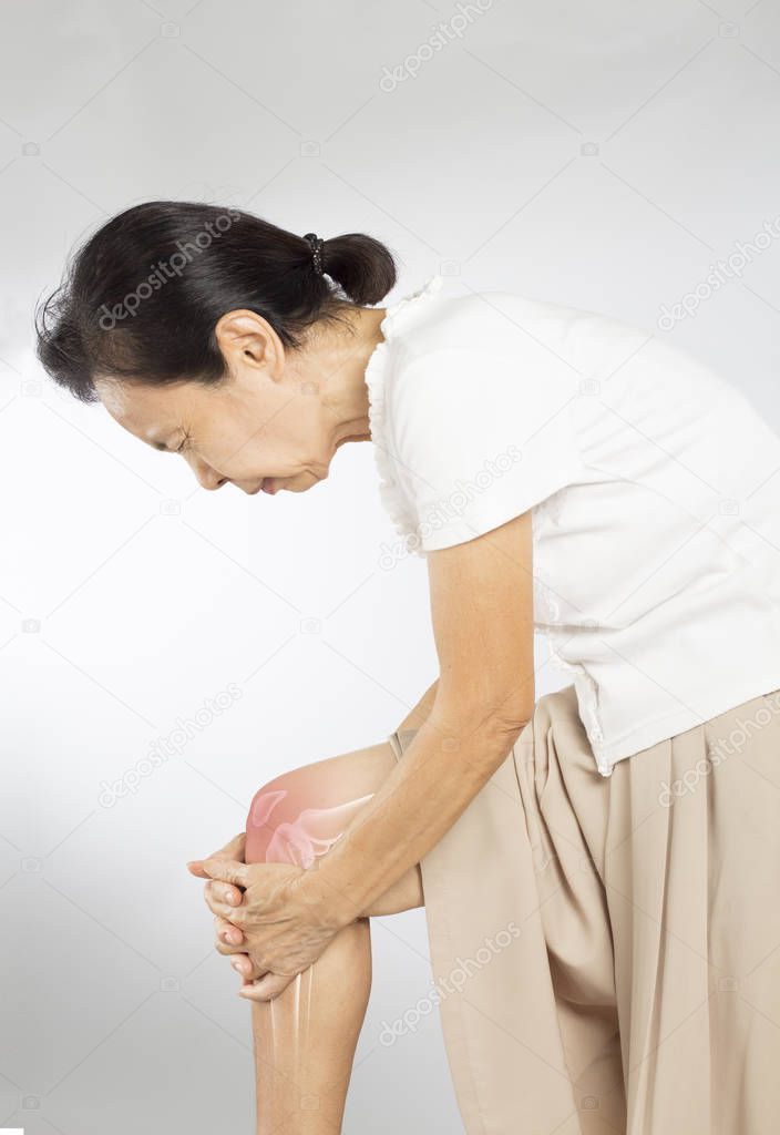 old asian woman touch knee bones pain