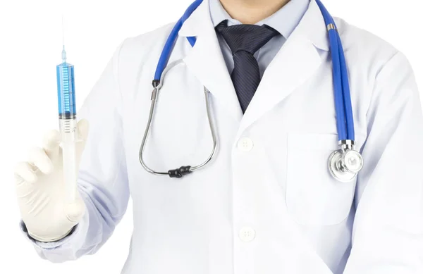 Lékař Drží Injekční Stříkačku Připravenou Použití Bílém Pozadí — Stock fotografie
