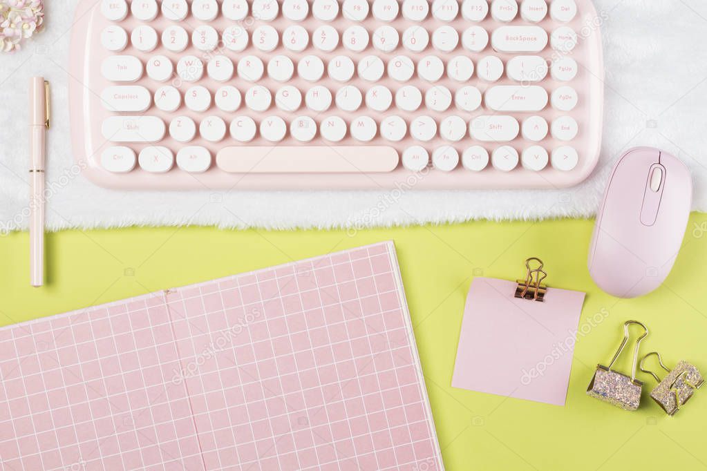 flat lay stationery collocate on work desk in pastel colorful background