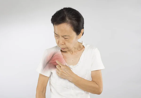 Idade Asiático Mulher Sentir Ombro Muscular Lesão — Fotografia de Stock