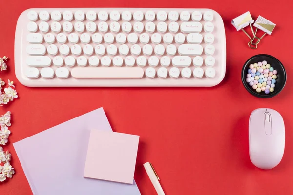 レッドパステルを背景にした作業机の上の平置きの文房具 — ストック写真