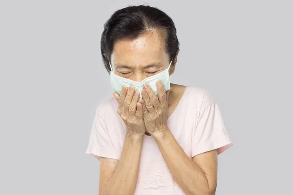 Old Asian Woman Feel Have Fever Sick — Stock Photo, Image