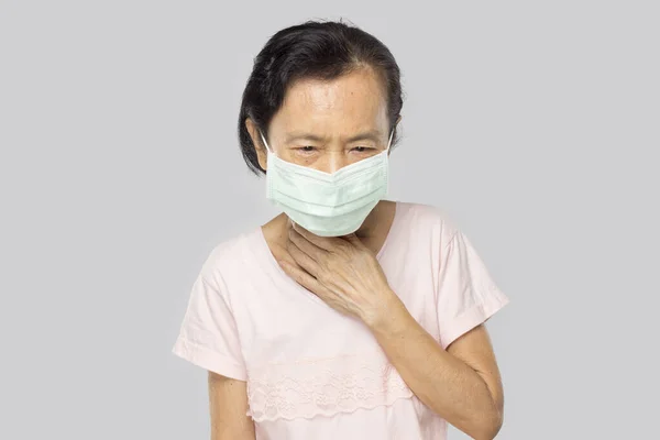 Old Asian Woman Feel Sore Throat Have Fever Sick — Stock Photo, Image