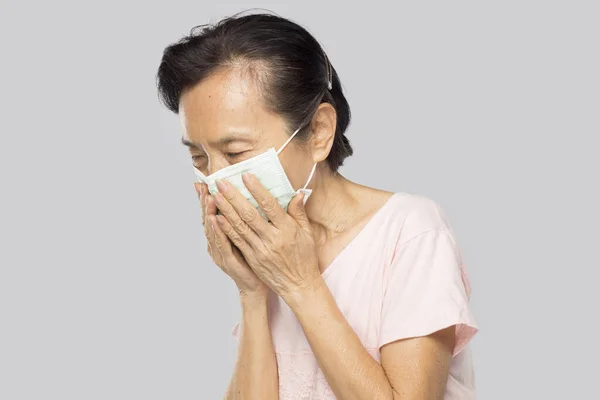 Old Asian Woman Feel Have Fever Sick — Stock Photo, Image