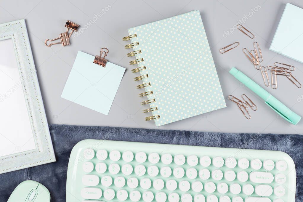 flat lay stationery on work desk in gray pastel background