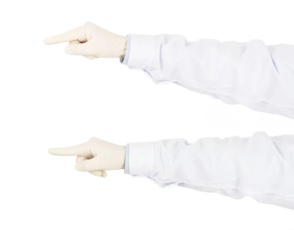 Γιατρός Χέρι Δείχνει Κάτι Λευκό Backgruoud — Φωτογραφία Αρχείου