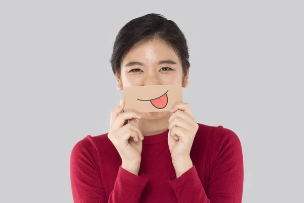 Jong Aziatisch Vrouw Met Gelukkig Emotie Papier Reclame Banner — Stockfoto