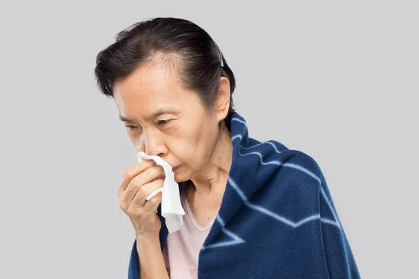 Idade Asiático Mulher Sentir Ter Febre Doente — Fotografia de Stock