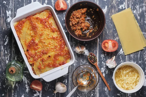 Processo Preparazione Delle Lasagne Rustiche Italiane Fasi Cottura Ingredienti Luogo — Foto Stock