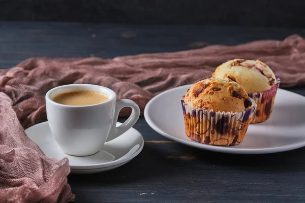 Espresso Muffins Berries Chocolate Plate Coffee Dessert Breakfast — Stock Photo, Image