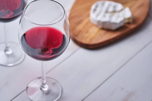 Glass Wine Camembert Cheese White Wooden Table Preparing Romantic Dinner — Stock Photo, Image