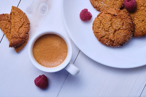 Morning Espresso Honey Cookies Raspberries Breakfast White Kitchen Table — Stock Photo, Image