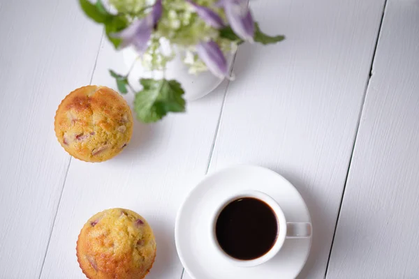 Coffee Fruit Muffins Fresh Peach Breakfast Morning Table Dessert Espresso — Stock Photo, Image