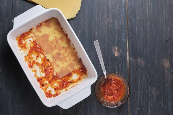 Processo Preparazione Delle Lasagne Rustiche Italiane Fasi Cottura Ingredienti Luogo — Foto Stock