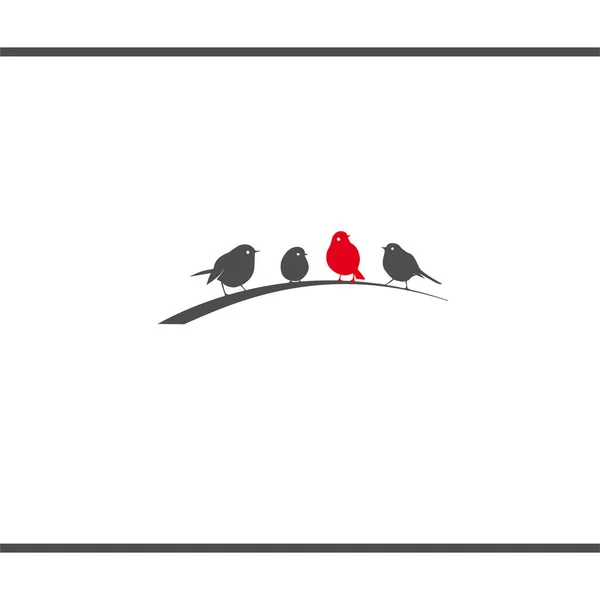 Quatre petits oiseaux assis sur une brindille. Sois différente. Modèle de conception de logo . — Image vectorielle