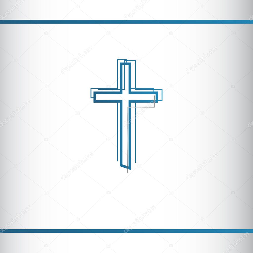 Modern christian cross. Abstract line christian cross. Vector illustration. Blue and silver color. Logo design template.
