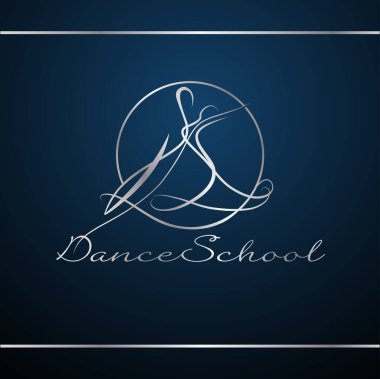 Dans eden çift çizgi sanatı ile yaratıldı. Dans eden erkek ve kadının stilize figürleri daire içinde. Gümüş renkli lüks logo tasarım şablonu. Dinamik şekil.