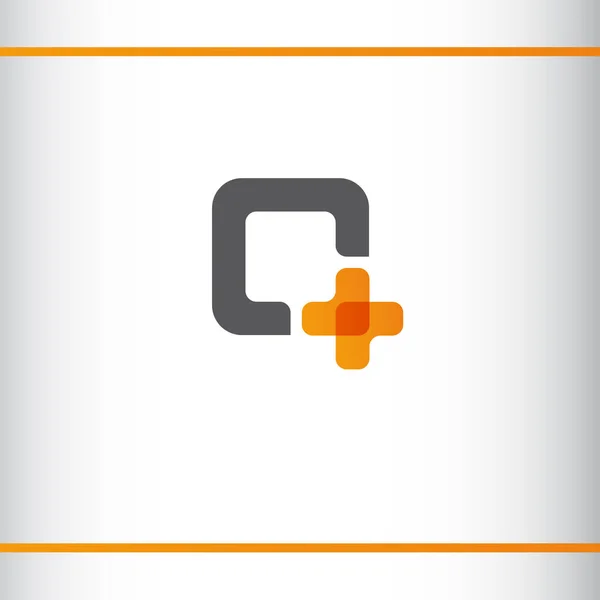 Q letter. Square shape with pharmacy plus. Grey and orange color. Logo design template. — Stock Vector