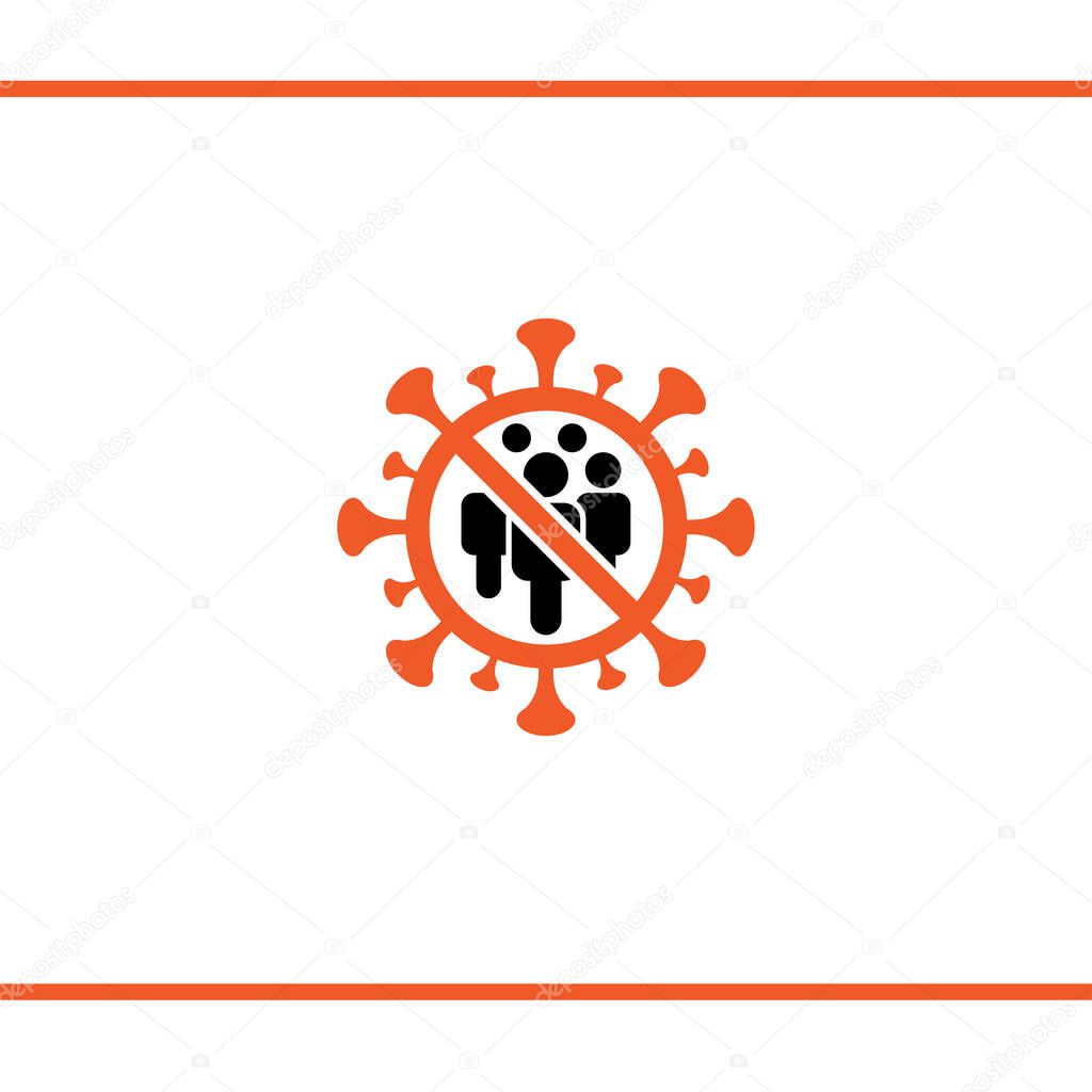 Covid-19 pandemic. No mass gatherings. No evants, No meetings, No concerts. People icon in a warning sign in corona virus shape. Vector illustration.