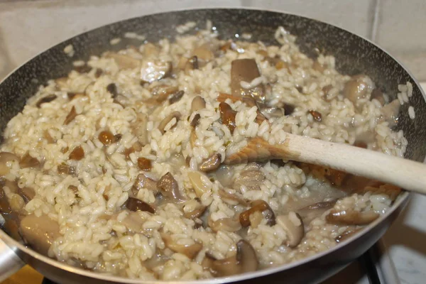 Riso fatto in casa e funghi con vino bianco — Foto Stock