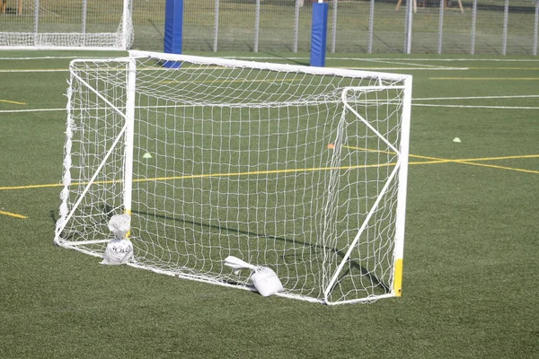 A view of a net on a vacant soccer pitch