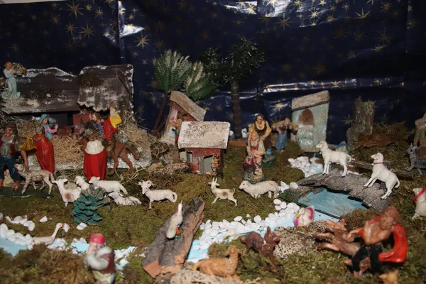 Belén Navidad Nacimiento Jesús Belén Con Estatuillas Religiosas — Foto de Stock