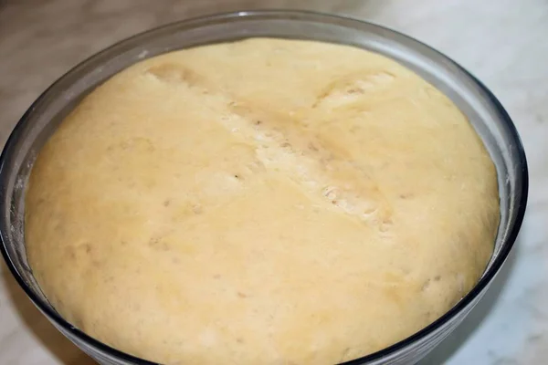 Yeast Dough Large Bowl Dough Rose Well — Stock Photo, Image