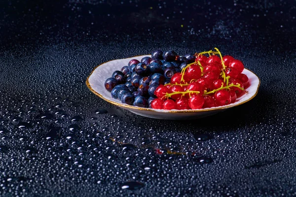 Arka planda su damlaları olan taze yıkanmış yabanmersini.