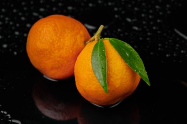 Siyah zemin üzerinde su damlaları olan mandalinalar. Yeni 