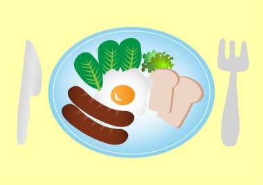 Kalktığında, kızarmış yumurta, ekmek, salata ve sosis ile nefis bir kahvaltı yaparsın. yiyecek vektörü