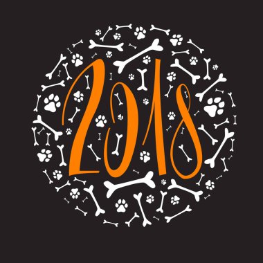 Yeni yıl yazı-2018. Bones. Köpek izler. Vektör illüstrasyon izole siyah arka plan üzerine. Köpek yılı. Yeni Yılınız Kutlu Olsun.