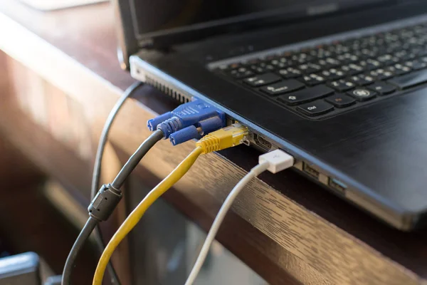 Lanový kabel a Vga kabel se připojují k notebooku — Stock fotografie