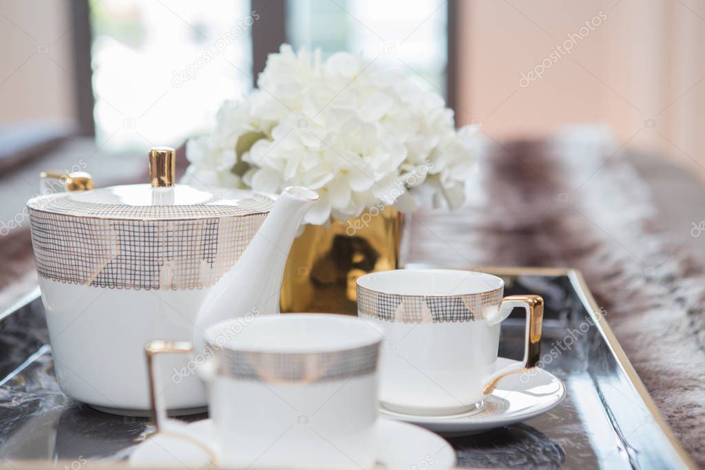 Luxury White Tea Set in Tray on Bed in bedroom