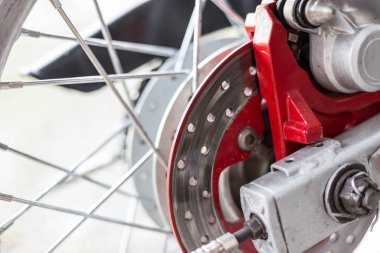 Close up of Disc brake of motorcycle wheel