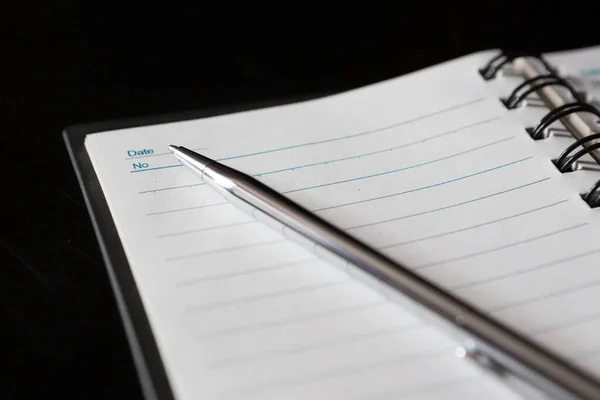 Selective Focus Pen Notebook Black Background Copy Space — Stock Photo, Image