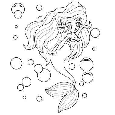 Boyama sayfası için güzel bir denizkızı çizgisi. Vektör çizgi filmi sihirli genç kız denizaltı çizimi, beyaz arka planda izole edilmiş fantastik yaratık boyama kitabı için.