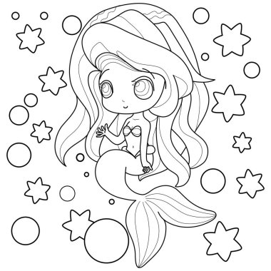 Çizgili şirin bir denizkızı. Boyama kitabı için beyaz arka planda izole edilmiş fantastik bir yaratık. Vektör çizgi film sihirbazı genç kız denizaltı çizimi.