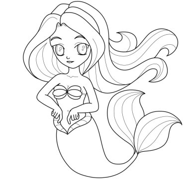 Sevimli denizkızı dünyasının boyama sayfası sanatı. 