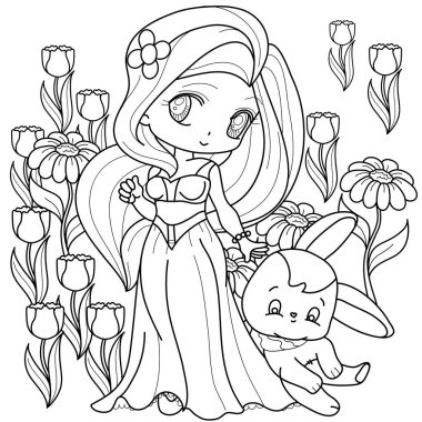 Güzel küçük prenses, fantezi siyah beyaz görüntü. Çocuk boyama kitabı için beyaz arka planda özetlenmiş. Vektör illüstrasyonu.