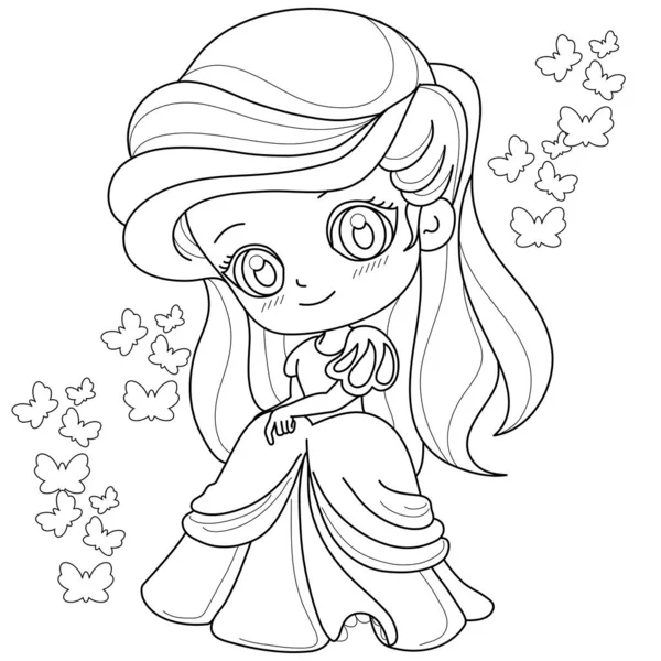 Renklendirme sayfası, vektör illüstrasyonu için beyaz arka planda sevimli bir masal prensesi..