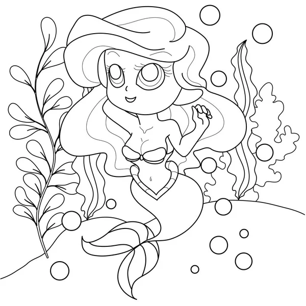 Mermaid Vector Picture Illustration Coloring Page Line Art Adorable Young — Stock Vector