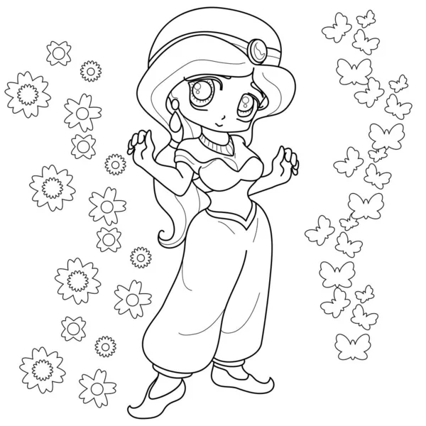 Tatlı peri masalı prensesi. Beyaz arkaplanda izole edilmiş boyama kitabı için özet geçildi, vektör çizimi.