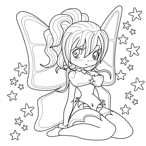 Güzel peri kız, fantezi siyah beyaz görüntü. Çocuk boyama kitabı için beyaz arka planda özetlenmiş. Vektör illüstrasyonu.