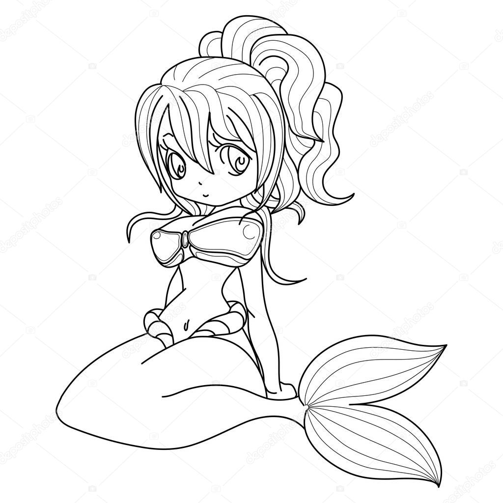 Beautiful princess mermaid line art for coloring. Vector cartoon