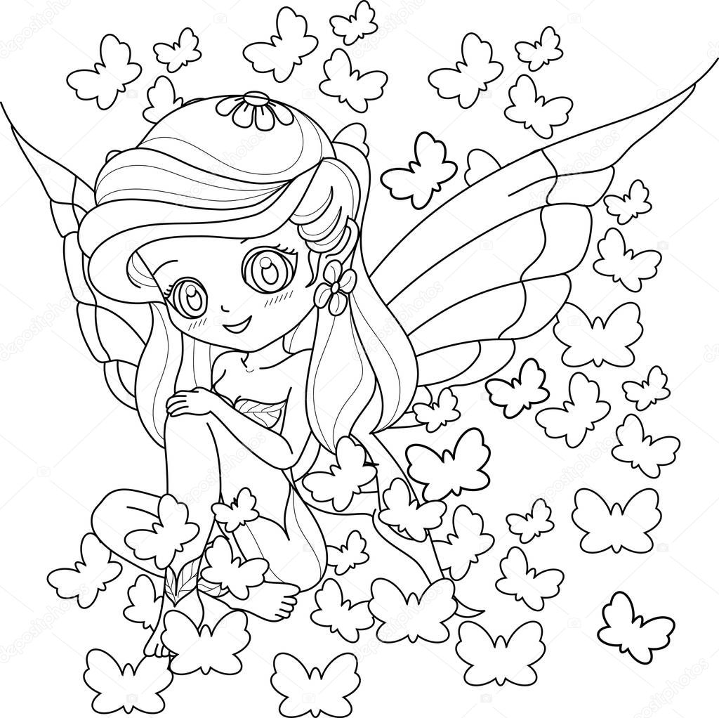 Spring little fairy girl with wings, Outlined for coloring book 