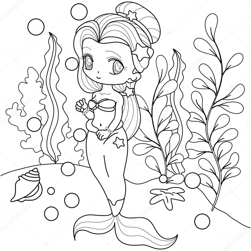 Vettoriale stockCarino Sirenetta Mondo Subacqueo Disegno Colorare