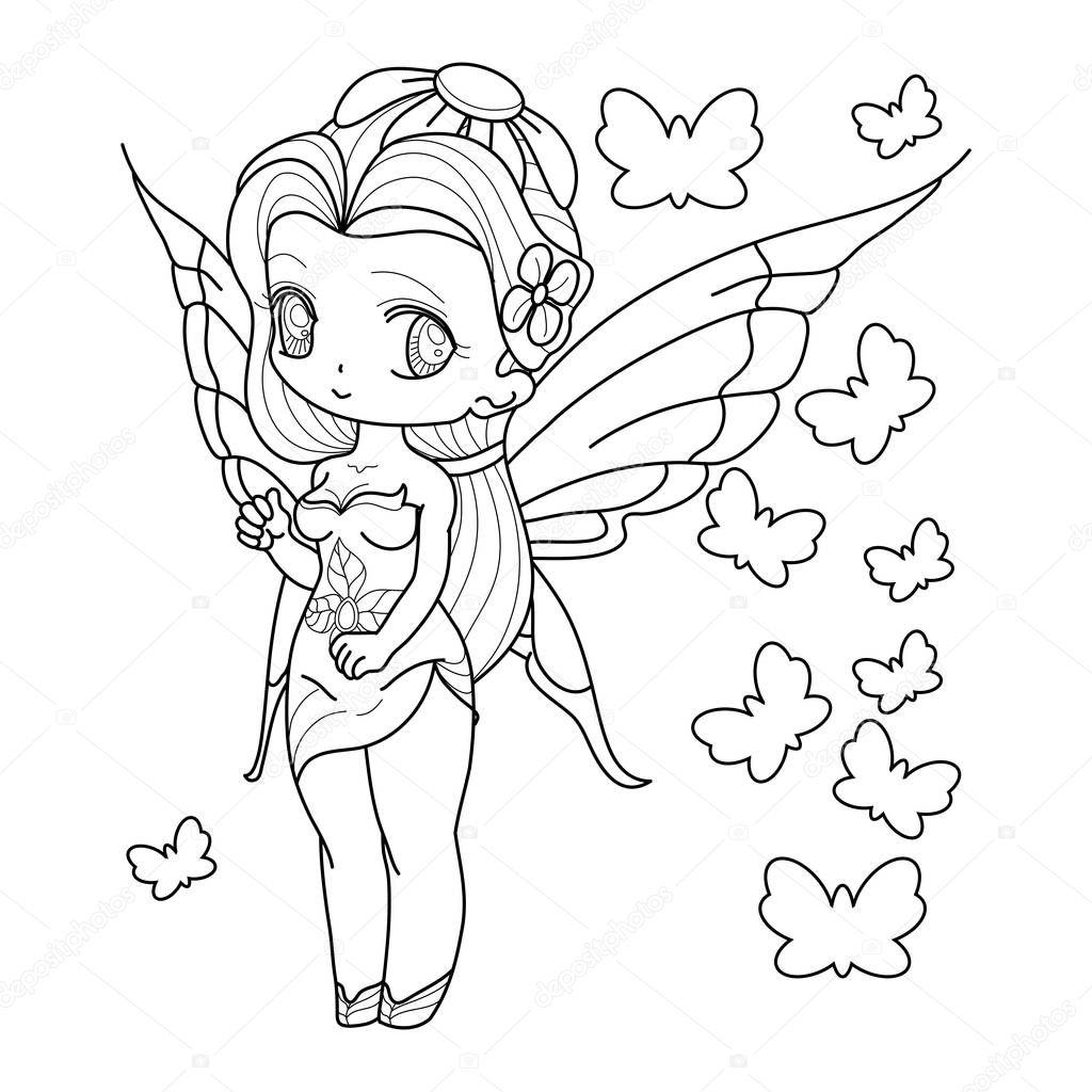 lack and white image of a fantasy fairy girl with wings, Outlined on white background for kids coloring book, vector illustration.