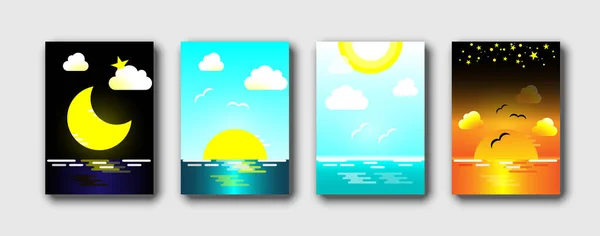 Gündüz denizi. Sabah, gündüz ve gece ufuk çizgisi, farklı zamanlarda okyanus ve deniz göğü. Soyut arkaplan vektör çizimi.