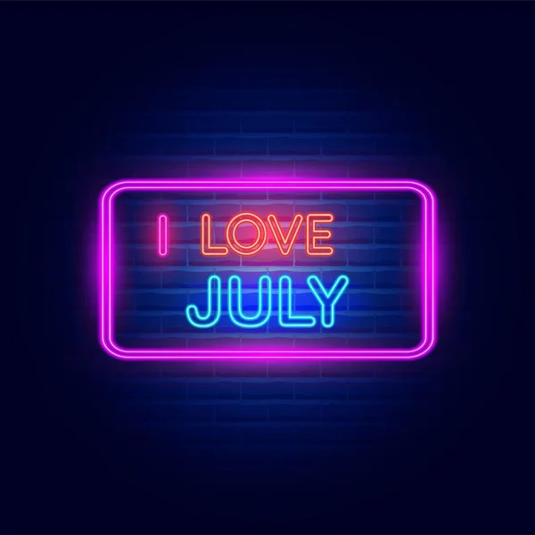 Neon ışıklı Temmuz pankartına bayılırım. Tuğla duvarda parlayan neon yazı. Vektör İllüstrasyonu